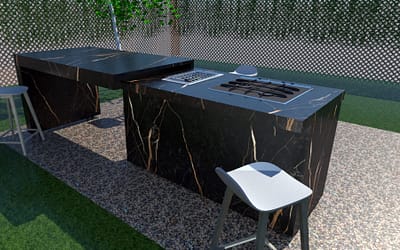 La elegancia y la funcionalidad se han unido en esta Cocina de exterior con acabados porcelánicos.